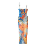 Yipinpay Tie Dye Tulle Long Dress Women Summer Slip Bodycon Dress 2023 Backless Sexy Summer Dresses Midi Evening Party Dresses