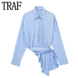 Yipinpay Blue Striped Shirt Woman Asymmetric Crop Top Women Long Sleeve Button Up Shirt Woman Fashion Streetwear Chic Woman Blouse