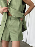 Yipinpay Fashion Shoulder Pad Cotton Linen Shorts Suits Two Pieces Casual Office Green Outfits Blazers Tops And Hot Pant Sets