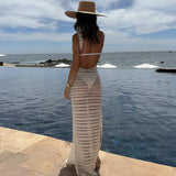 Yipinpay Women Casual Long Dress Solid Color Sleeveless Backless Hollow-Out See-Through Dress Club Street Style Beachwear S M L
