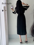 Yipinpay French Vintage Dress Women Belt Sexy Elegant Office Ladies V-neck Dresses Patchwork Casual Stylish Long Sleeve Vestido