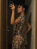 yipinpay Short Sleeve Daisies Print Mesh See-Through Sexy Maxi Dress Summer Women Fashion Streetwear Outfit Sundress