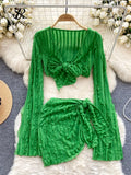 Yipinpay American Holiday Beach Suits Flare Sleeve V Neck Crop Top+One Piece Slim Skirt Fashion Folds Bandage Two Pieces Suit