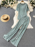 Yipinpay Pleated Fashion Solid Set Women Loose O Neck Tops Elastic Waist Split Wide Leg Long Pants Ladies Elegant Two Piece Set