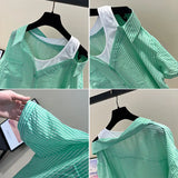 Yipinpay The Shoulder Green Striped Shirt Blusas Mujer Short Sleeve Chiffon Casual Blouses for Women Fashion Crop Top Summer Shirts