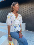Yipinpay Flower Printing Puff Sleeve Shirts For Women Fashion Lace-up V-neck Short Blouse Female 2024 Summer Elegant Cropped Tops