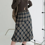 Yipinpay Contrast British Plaid Half Skirts for Women Autumn/Wonter Art Retro Academy Style High Waist A-line Mid Length Skirt