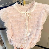 Yipinpay Flying Sleeves Lace Shirt Short Lace Top Versatile Summer New Korean Sweet Temperament Sleeveless Pink Blouses Women Top