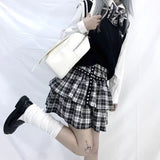 Yipinpay Women Skirt White Black Plaid Short Skirts Rivet Punk Style Double Layer High Waist Ball Gown MINI Skirt Female