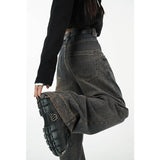 yipinpay Vintage Dark Blue High Waist Women Jeans American Fashion Streetwear Wide Leg Denim Trouser Straight Baggy Denim Pants