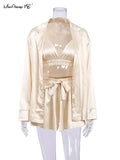 Yipinpay Satin 3 Pieces Women Long Sleeve With Shorts Sexy Suit Lapel Top And Corset Top 3 Pieces Female Home Set Lounge Wear