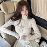 Yipinpay Mujer Slim Fit Bottom Hollow Top Pullover Fake Two Piece High Neck Sweater Aesthetics Grunge Pink T-shirts Button Sexy 0406