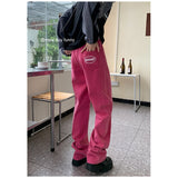 yipinpay Red Women's Jeans High Waist Vintage Straight Baggy Denim Pants Streetwear Lettering Design Fashion Wide Leg Denim Trouser