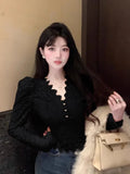 Yipinpay Fashion Shirts Women Puff Loong Sleeve V Neck Autumn Winter Slim Lace Patchwork Crop Tops Female Sexy Elegant Blouse