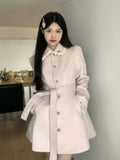 Yipinpay Hot Girl Pink Medium Length Woolen Coat for Women's Autumn and Winter Slim Fit Lace-up Woolen Coat Fashion Female Clothes