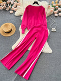 Yipinpay Fashion Knitted Women Suits Single Breasted V Neck Cardigan+Wide Legs Long Pants Autumn High Street Loose Sweater Sets