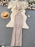 Yipinpay Spaghetti Strap Knitted Beach Long Dress Summer Vintage Hollow Out Sheath Sundress 2024 Elastic Backless Sexy Dress