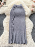 Yipinpay Women Solid OL Knitted Skirt 2024 Temperament High Waist Cross Design Fashion Bodycon Winter Midi Long Sweater Skirt