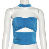 yipinpay Top Hollow Out Tank Tops Women Backless Cropped Top Summer Clothes Solid Skinny Blue Sleeveless Streetwear Halter Y2K Top
