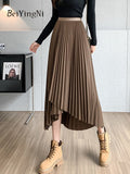 Yipinpay Women's Midi Pleated Skirt Asymmetrical Slim Elastic Waist Vintage Korean A-line Skirts 2023 Fashion Black Chic Skirt