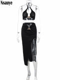 yipinpay Sleeveless Black Crop Top High Waist Midi Skirt Y2K Sexy Club Party 2 Piece Set Outfits For Women 2023 Summer Dress Set