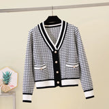 Yipinpay Short Cardigan Women's Sweater Coat Autumn And Winter New Style Outer V-neck Loose Plaid Top All-match Casual