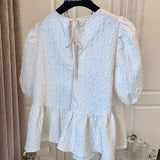 Yipinpay Casual Ruffled Hem Puff Sleeve Pleated Chiffon Top Women Summer Short Sleeve Doll Shirt 2023 White Blusas Mujer elegantes