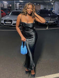 Yipinpay Sexy Spaghetti Strap Backless Satin Dress Women Y2K Blue Lace Up Trumpet Long Dress Elegant Bodycon Party Dresses 2023