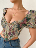 Yipinpay Summer Short Puff Sleeve Corset Crop Tops Retro Floral Print Women T-Shirt Chic Fashion Low Cut V-Neck Bustier Tops