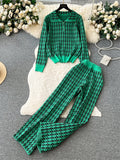 Yipinpay American Retro Sweater Suits Zipper Polo Collar Loose Pullover+Wide Legs Long Pants Winter Thick Geometric Women Sets