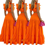 Yipinpay Female Hot Style Ruffled Suspenders Pleated Back Crop Top and Long Skirt Solid Color Two-piece Set Women 2023 Fashion