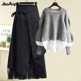 Yipinpay Women's Spring Autumn New Fashion Fake Two Piece Knit Sweater+Strap A-line Skirt Suit Korean Elegant Pullover Dress Matching Set