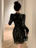 Yipinpay Woman Dress Lace Patchwork Long Sleeve Slash Neck Elegant Slim French Style Chic Party Clubwear Mini Dresses Ladies
