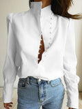 Yipinpay Stand Collar Office Blouse Women Casual Puff Sleeve Work Shirts White Ladies Single-Breasted Top Spring Fashion 2023