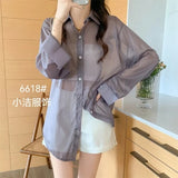 Yipinpay Women Blouses Solid Wear Early Spring Thin Pure Shirt Split Back Loose Sunscreen Long-sleeved Shirt Polo Collar Female Clothing
