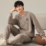 Yipinpay Men's Winter Warm Plush Thickened Sleepwear Set French Loose Flannel Pijama Trousers Two Pieces Suit Male Cute Nightwear