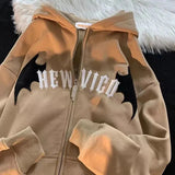 Yipinpay Horn Little Devil Letter Embroidered Zipper Hoodies Women Y2K Street Retro Trend Cardigan Couple Fashion Sweatshirt