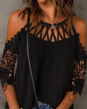 Yipinpay women summer Contrast Lace Hollow Out Cold Shoulder Top