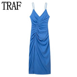 Yipinpay Blue Slip Long Dress Women Ruched Elegant Party Dresses For Women 2023 Backless Sexy Summer Woman Dress Evening Dresses