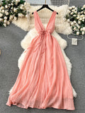 Yipinpay French Gentle Holiday Long Dress Summer Deep V-Neck Bandage A-Line Design Female Solid Sleeveless Party Sexy Sundress