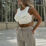 Yipinpay Flower Crop Top Women Off White Tank Top Female Sleeveless Summer Sexy Tops Woman Fashion Y2k Streetwear Going Out Tops