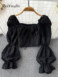 yipinpay Spring Autumn Korean Fashion Blouses Women Bow Lace-up Square Collar Shirts Ladies Vintage Slim Harajuku Y2K Blusas