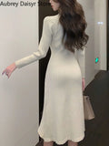 Yipinpay Fashion Midi Knitted Dress Women Elegant Chic Half High Collar Sweater Dress Autumn Warm Casual Slim Y2k Party Dress 2023