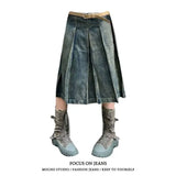 Yipinpay Retro Spicy Girls Washed Distressed Pleated Denim Skirt for Women Summer New Fashion Loose A-line Mid Length Skirt