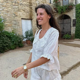 Yipinpay Doll Collar Shirts Shorts Suit Women Puff Short Sleeve Single Breasted Blouses Loose Short Pants 2024 Summer Casual Set