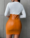 Yipinpay new fashion women's dresses O-neck Long Sleeve Sexy Colorblock PU Leather Patch Zipper Design Bodycon Mini Skinny Dress