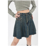 yipinpay Women's Vintage Blue Denim Half Body Skirt Zipper Pleated High Waist Casual Fashion Baggy A-Line Jean Short Skirt Ladies Summer