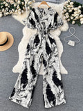 Yipinpay Beach Summer Floral Jumpsuits Fashion V Neck Elastic Slim Short Sleeve 2024 Streetwear Vacation Retro Long Rompers