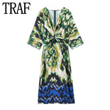 Yipinpay Printed Tunic Long Dress Women Knot Summer Dresses For Women 2023 Vintage Beach Dress Woman Midi Elegant Women's Dresses