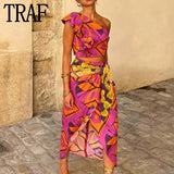 Yipinpay 2023 Print Midi Skirt Women Knot High Waist Slit Summer Skirts Sets Stylish Long Skirts For Women Vintage Boho Beach Skirt